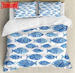 Blue Fish Patterns Bed Sheets Duvet Cover