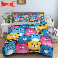 Blue, Pink Yellow Cats Kids Toddler Bedding Sets