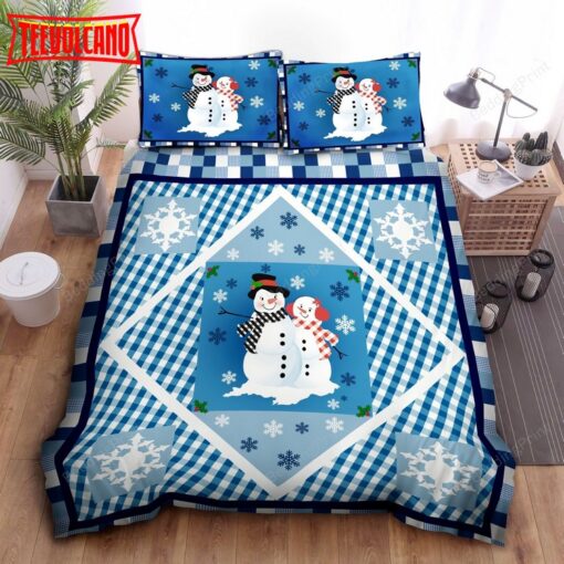 Blue Snowman Diamond Accent Patchwork Bedding Set