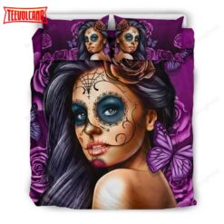 Calavera Violet on Black Duvet Cover Bedding Sets