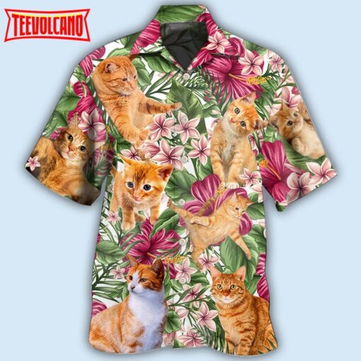 Cat Tropical Floral Orange Hawaiian Shirt