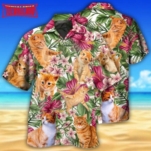 Cat Tropical Floral Orange Hawaiian Shirt