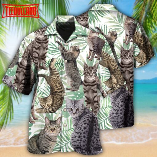 Cat Tropical Leaf Tabby Cat Hawaiian Shirt