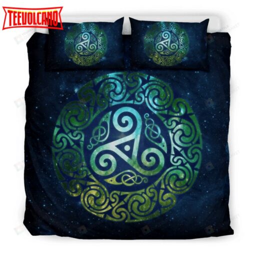 Celtic Triple Spiral Galaxy Bedding Set Green Edition Black