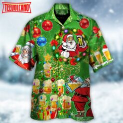 Christmas Funny Santa Claus Drinking Beers Green Light Hawaiian Shirt