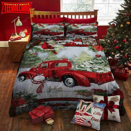 Christmas Red Truck Snowy Cardinals Duvet Cover Bedding Sets