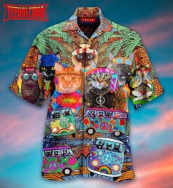 Colorful Hippie Van And Cat Unisex Hawaiian Shirt