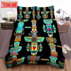 Colorful Native American Totem Poles Painting On Black Duvet Cover Bedding Sets