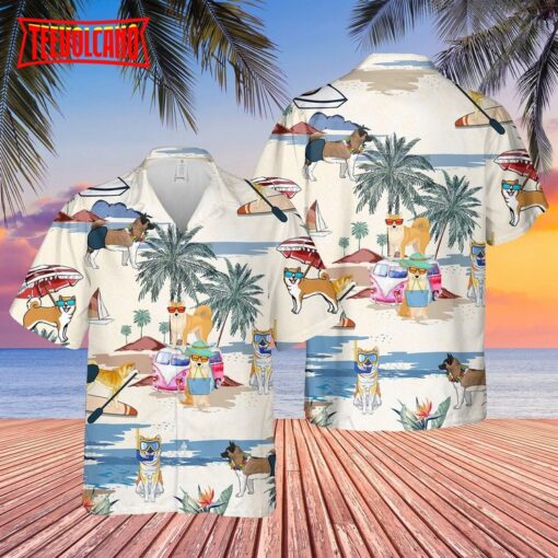 Cute Akita Summer Beach Hawaiian Shirt, Short Sleeve Dog Aloha Shirt