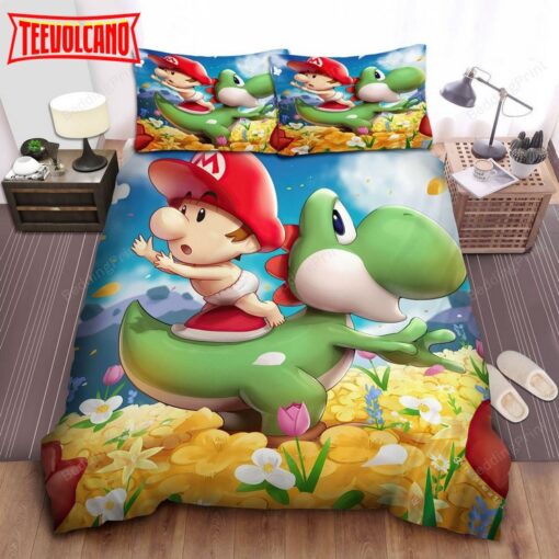 Cute Baby Mario &amp Yoshi In Flower Garden Duvet Cover Bedding Sets