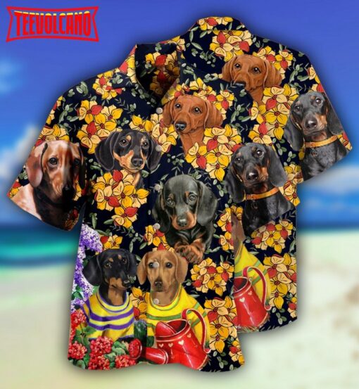 Dachshund And Flowers Black Style Hawaiian Shirt