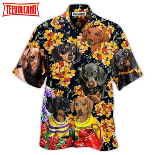 Dachshund And Flowers Black Style Hawaiian Shirt