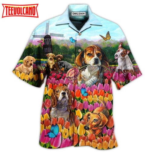 Dogs Lovely Romantic Tulip Garden Hawaiian Shirt