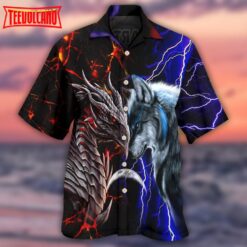 Dragon And Wolf Red And Blue Hawaiian Shirt