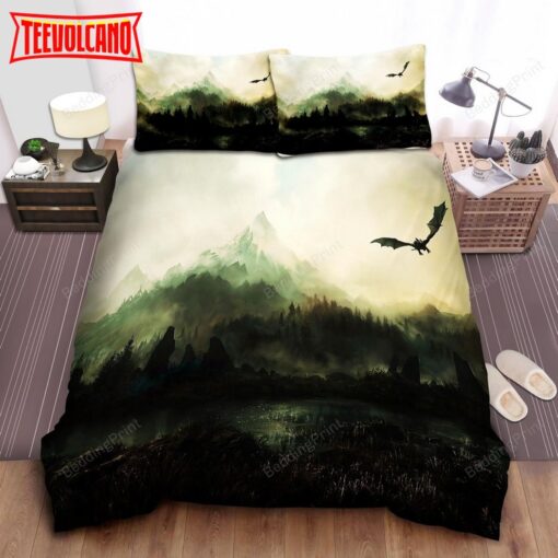 Dragon Flying In Skyrim Bed Sheets Duvet Cover Bedding Sets