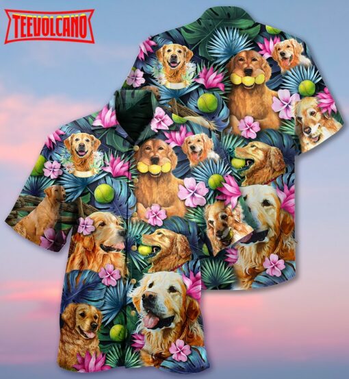 Golden Retriever Dog Hug A Golden Hawaiian Shirt