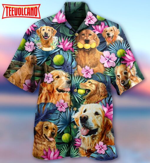 Golden Retriever Dog Hug A Golden Hawaiian Shirt