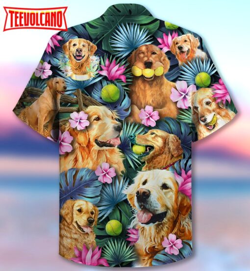 Golden Retriever Dog Hug A Golden Hawaiian Shirt