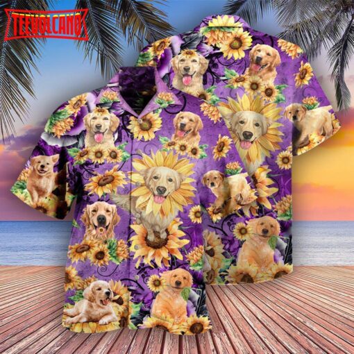 Golden Retriever Sunflower Purple Hawaiian Shirt