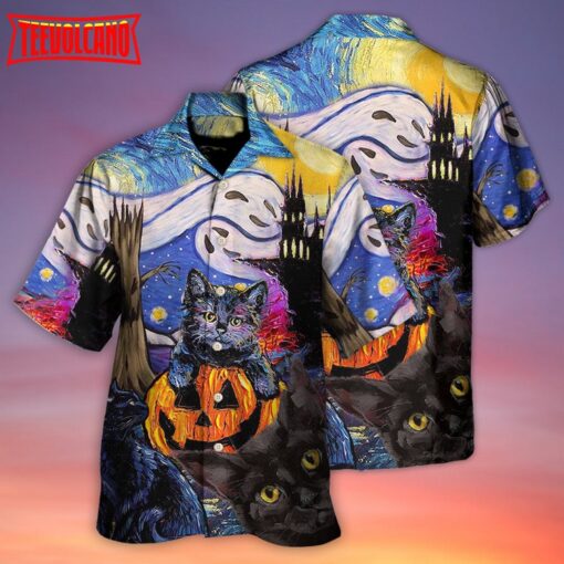 Halloween Black Cat Starry Night Hawaiian Shirt