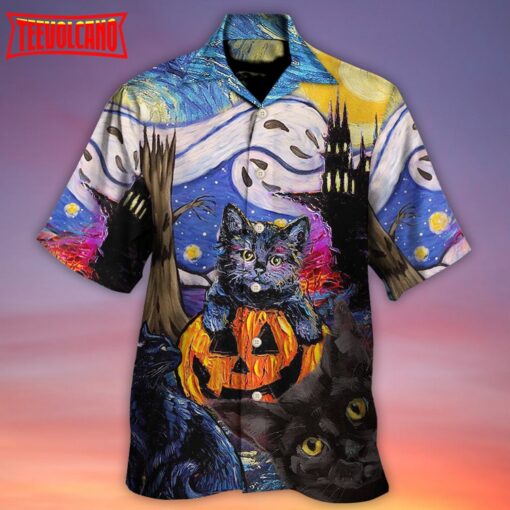 Halloween Black Cat Starry Night Hawaiian Shirt