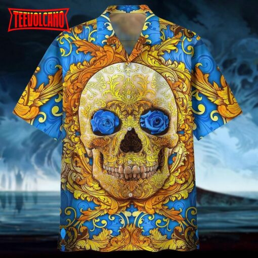 Hawaiian Shirts With Blue Flowers Skull