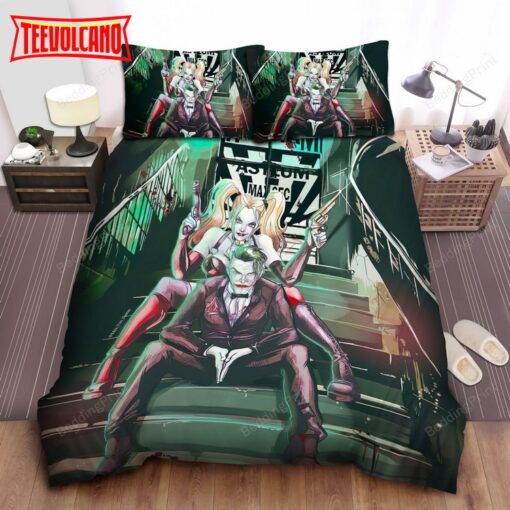 Joker And Harley On Stair With Guns Bed Sheets Duvet Cover Bedding Sets