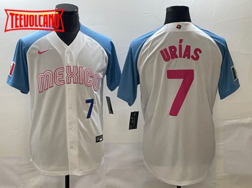 Mexico Julio Urias White Blue Pink Navy 2023 World Baseball Classic Jersey