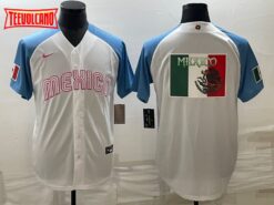 Mexico White Blue 2023 World Baseball Classic Jersey with Flag