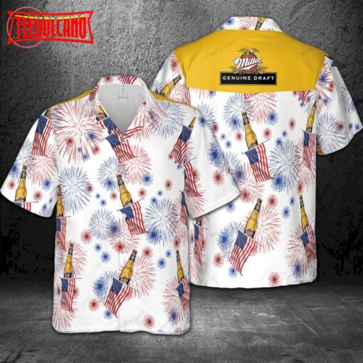 Miller Genuine Draft American Flag Fireworks Hawaiian Shirt