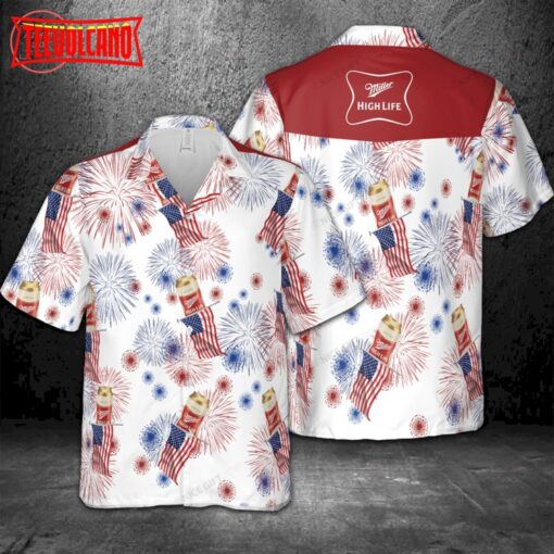 Miller High Life American Flag Fireworks Hawaiian Shirt