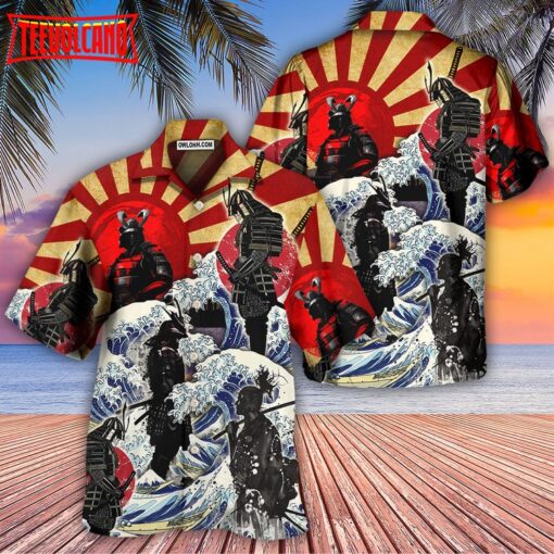 Samurai Red Sun And Wave Art Hawaiian Shirt