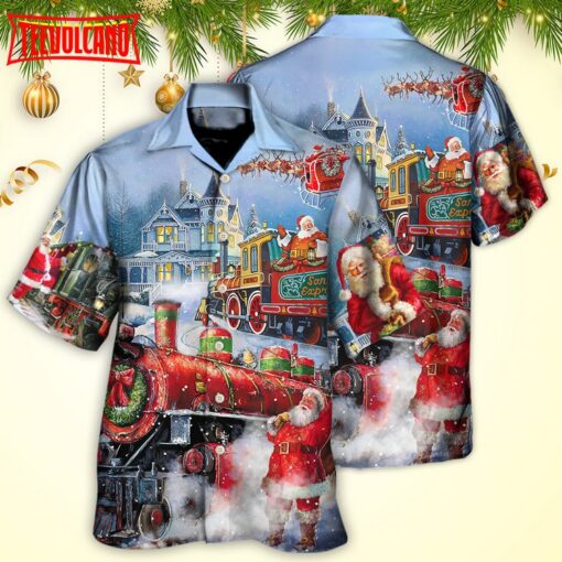 Santa Claus Train Gift For Xmas Painting Style Hawaiian Shirt