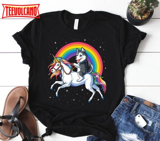 Siberian Husky Riding Unicorn Rainbow Funny T-Shirt