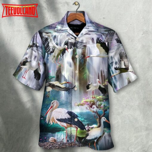 Stork Bird In The Dreamy Waterfall Hawaiian Shirt