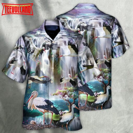 Stork Bird In The Dreamy Waterfall Hawaiian Shirt