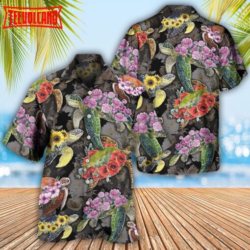 Turtle And Flowers Tropical Art Hawaiian Shirt