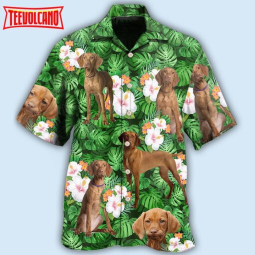 Vizsla Best Dog Dad Green Tropical Leaf Hawaiian Shirt