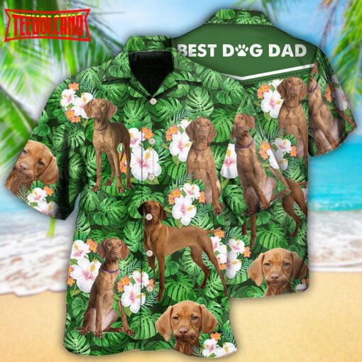 Vizsla Best Dog Dad Green Tropical Leaf Hawaiian Shirt