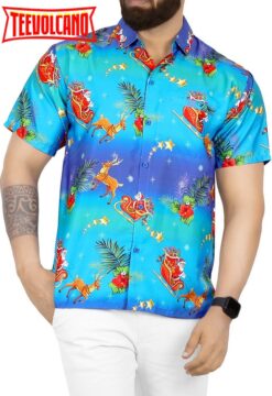 3D HD Santa Claus Christmas Button Down Short Sleeve Hawaiian Shirt Blue