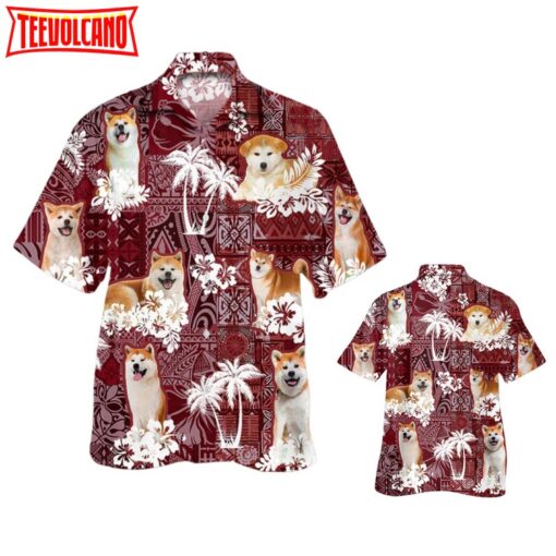 Akita Hawaiian Shirt, Dog Red Tribal Pattern Hawaii Aloha Beach Shirt For Men Women