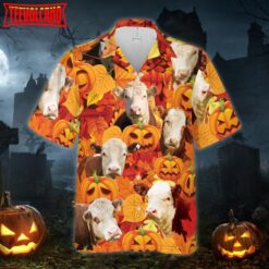 Autumn Leaf Hereford Cattle Pumpkin Hawaiian Shirt Halloween Hawaii Aloha Beach Shirt