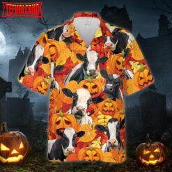 Autumn Leaf Holstein Cattle Pumpkin Hawaiian Shirt Short Sleeve