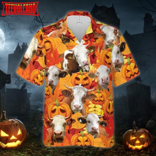 Autumn Leaf Simmental Cattle Pumpkin Hawaiian Shirt