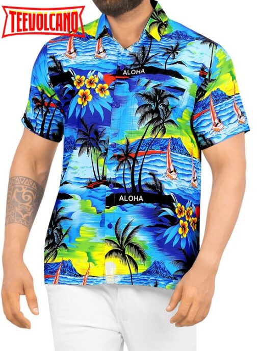 Beach hawaiian Shirt Aloha theme Tropical Beach front Pocket Short sleeve Blue