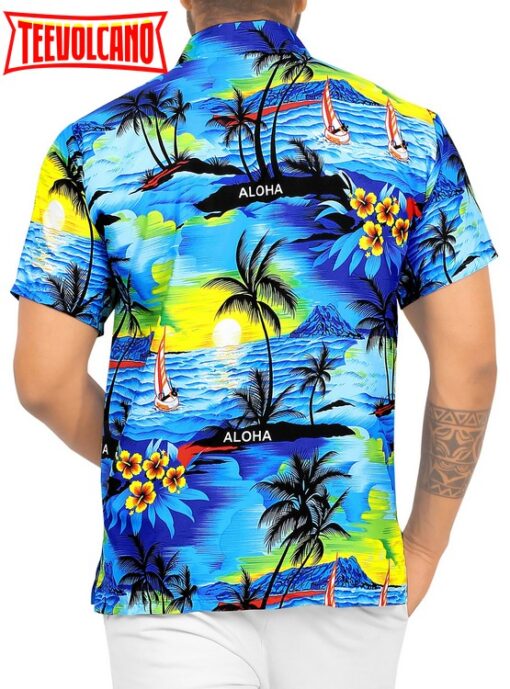 Beach hawaiian Shirt Aloha theme Tropical Beach front Pocket Short sleeve Blue