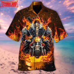 Biker Skull On Fire Hawaiian Shirt, Best Gift For Skull Lovers