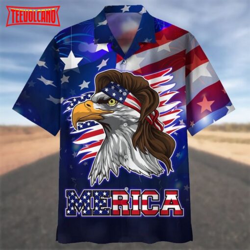 Blue Merican Hawaiian Shirt With Eagle, Independence Day Hawaii Aloha Beach Shirt