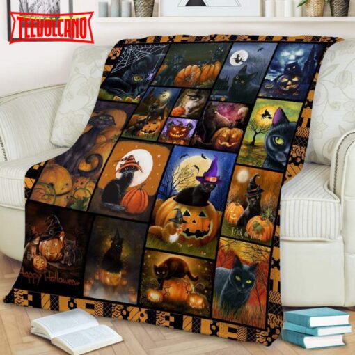 Cat Colorful Halloween Sherpa Blanket – Cute Halloween Blanket Gift