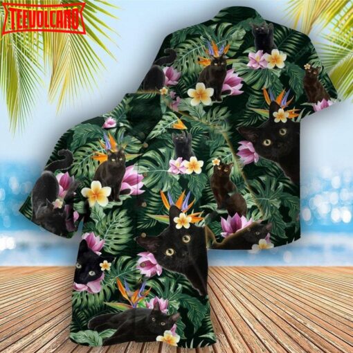 Cat Hawaiian Shirt, Black Cat with Leaf Hawaiian Shirt, Gift For Cat Lovers